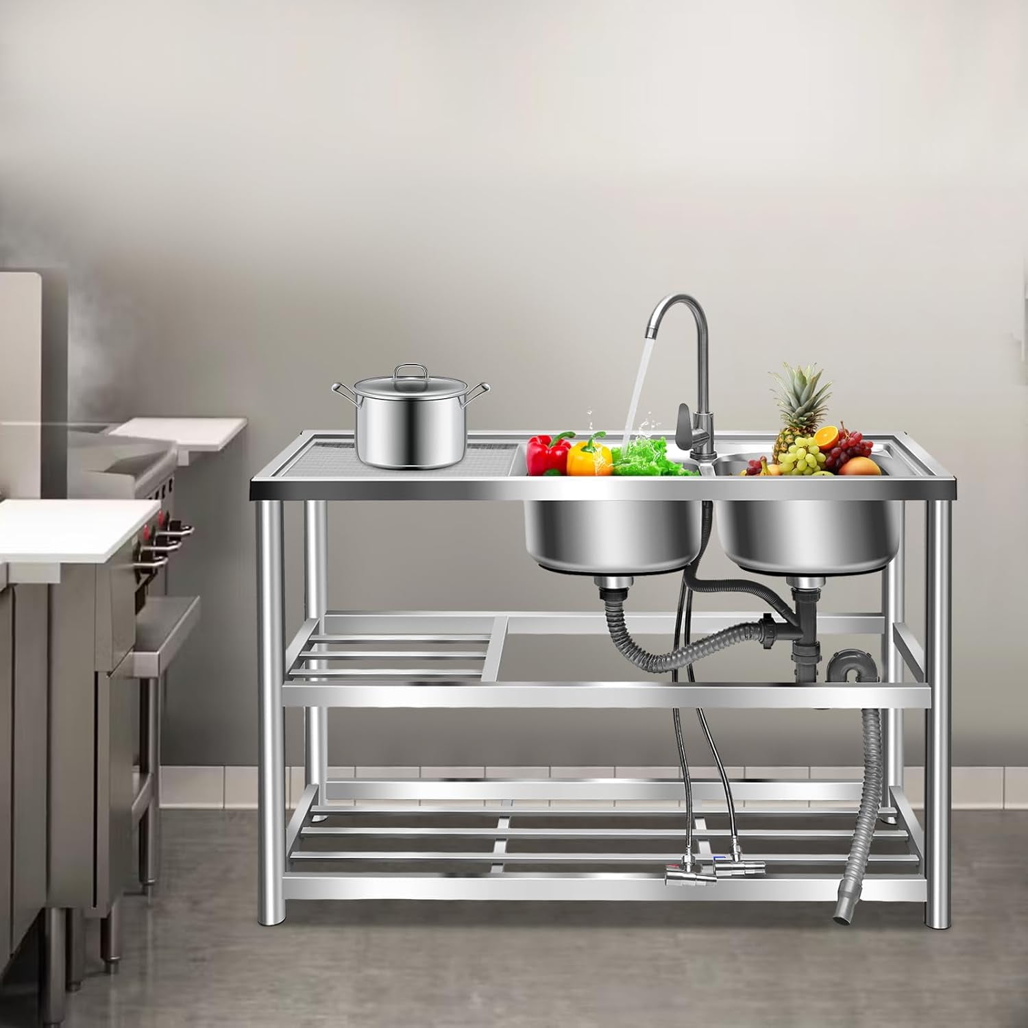 Miumaeov Large Double Bowl Kitchen Sinks, Stainless Steel Utility Sink with 2-Tier Shelves, Indoor/Outdoor Sink for Garage, Farmhouse