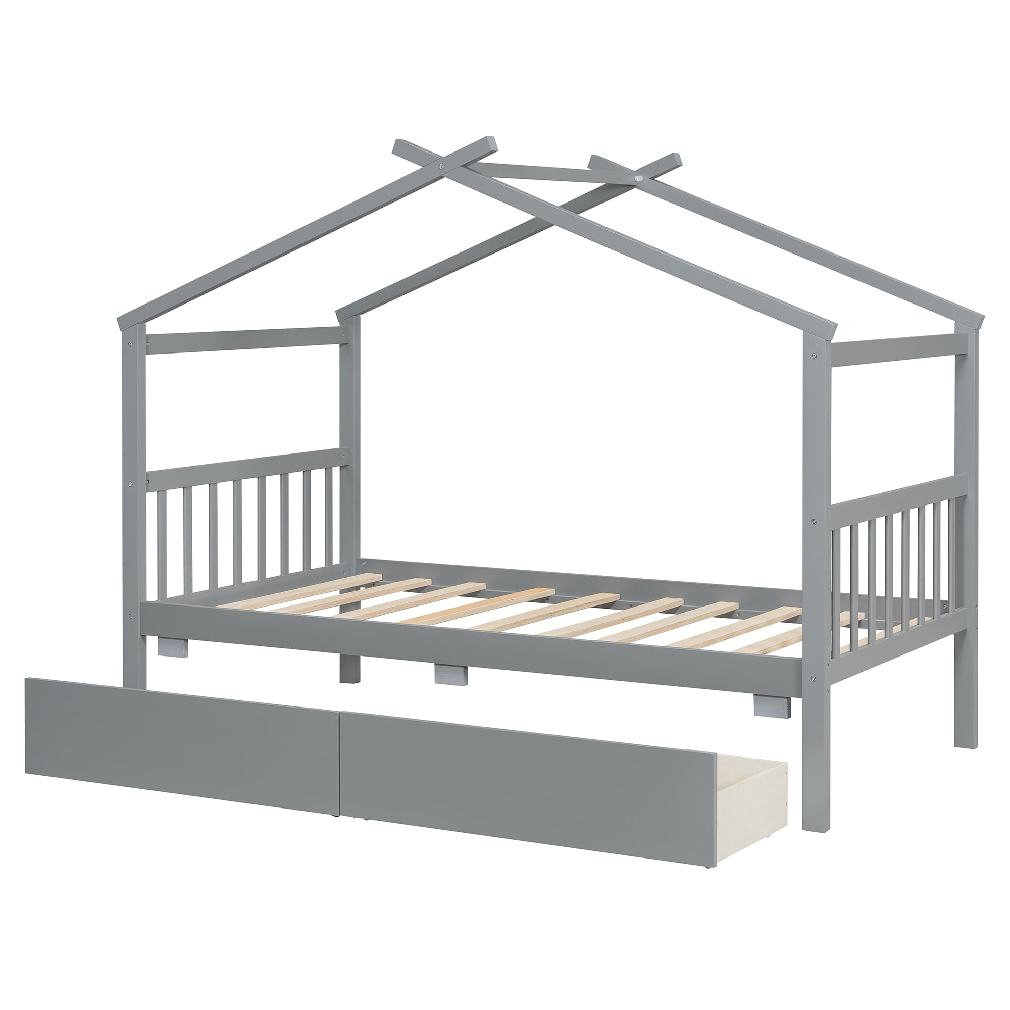 Aukfa Twin Size House Bed with Two Storage Drawers for Kids, Solid Wood Montessori Bed Frame, Gray