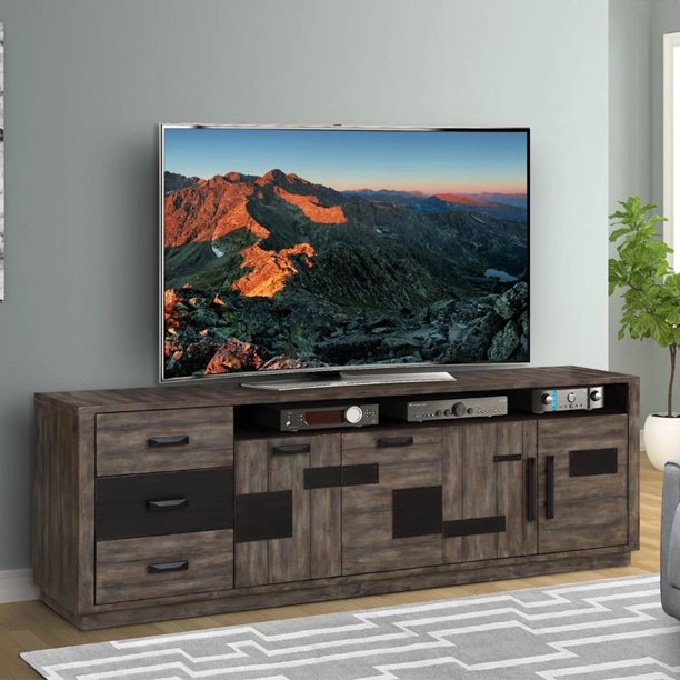 FC Design TwoTone Industrial 92" TV Stand with Soundbar Shelf, Drawers