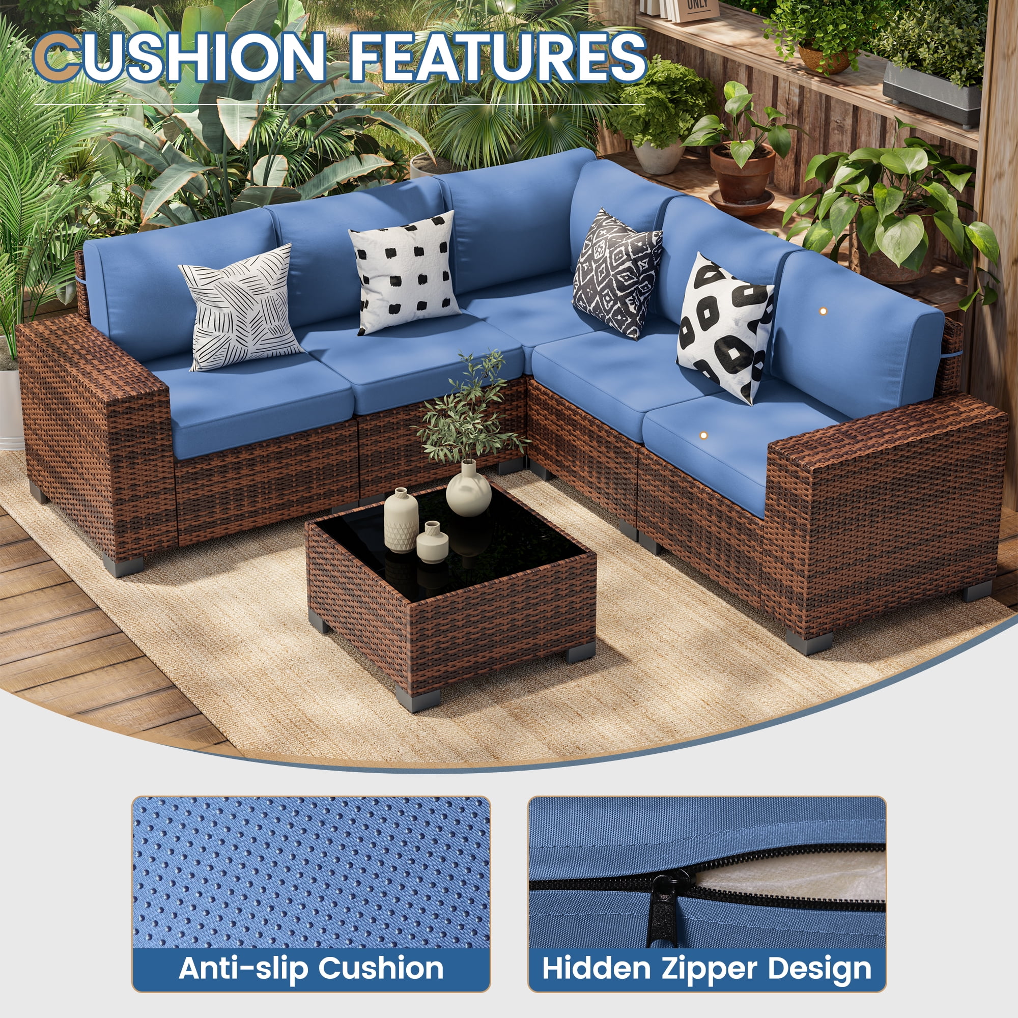 Poteban Patio Furniture Set 6 PCS Outdoor Sectional Conversation Sets Featuring Widen Wicker Armrests and High Back,Brown&Blue