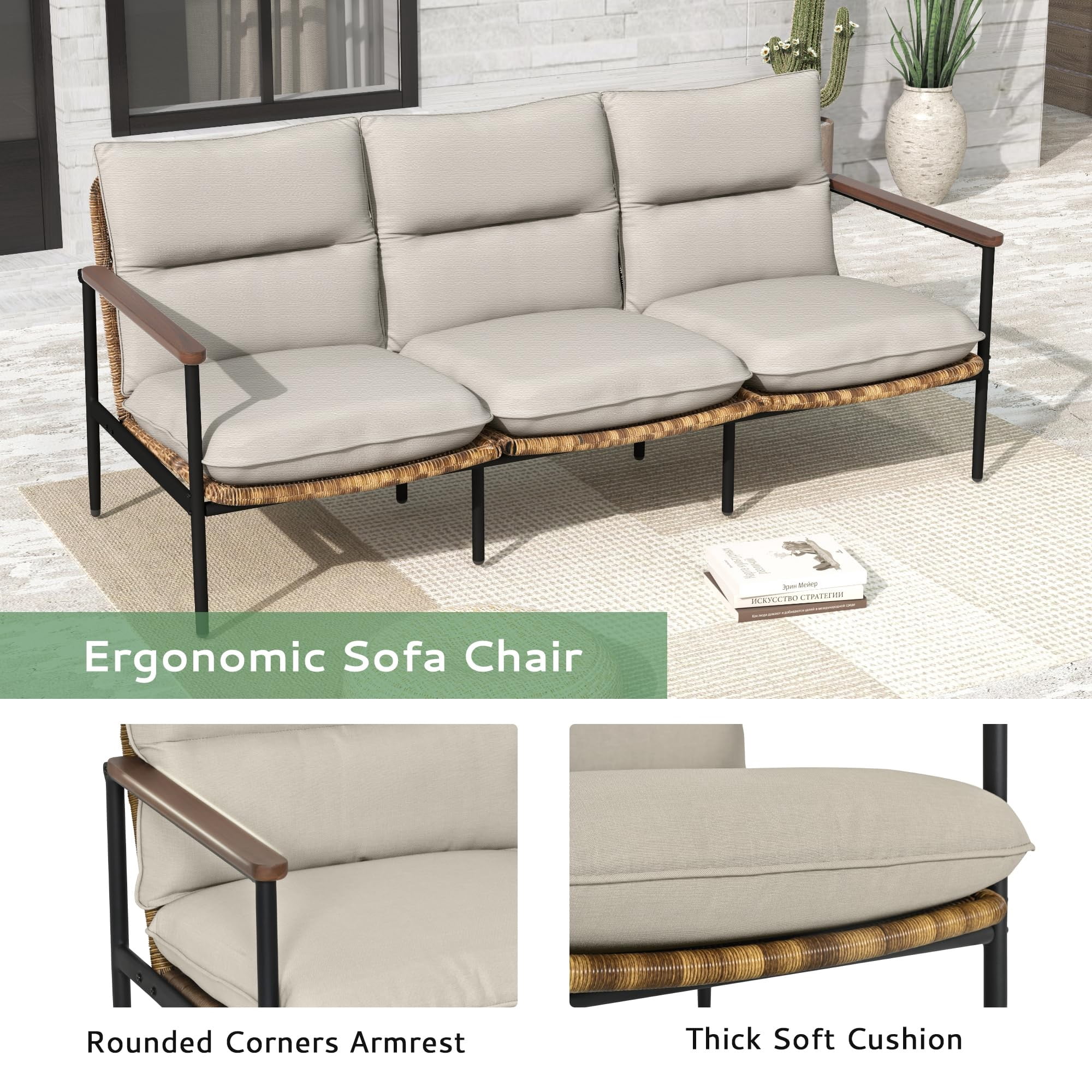 Aluminum Outdoor Patio Sofa, 3-Seat Couch with Wicker Backrest & Acacia Wood Armrests, 4.7" Olefin Cushions, Weather-Resistant for Backyard, Balcony, Porch