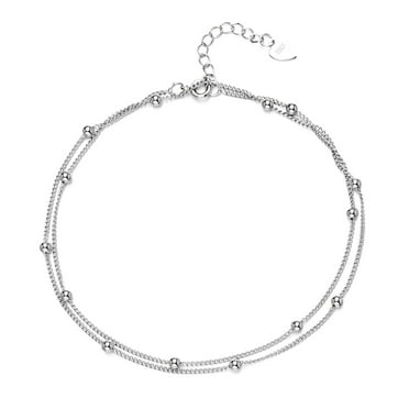 14K White Gold Plated Double Strand Beaded Anklet