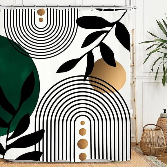 Abstract Minimalist Shower Curtain Set Emerald Green Modern Neutral Contemporary Sun Arch Aesthetic Waterproof Bathroom Curtain With 12 Hooks 65"W x 72"L (Pack of 1)