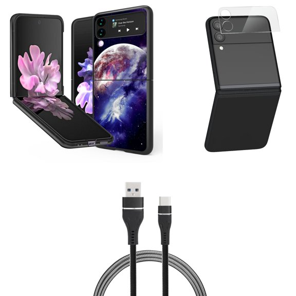 Bemz Premium Bundle for Samsung Galaxy Z Flip 3 5G: Slim Snap-On Protector Case (Nebula Planet), Rear Camera Glass Protector, Nylon Braided USB-C to USB-A Cable (3 Feet)