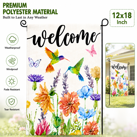 Double-Sided Hummingbird & Spring Flowers Garden Flag - Vibrant 12x18 Inch Seasonal Yard Decor for Porch, Lawn, or Fence - Outdoor Welcome Flag with Rust-Proof Grommets