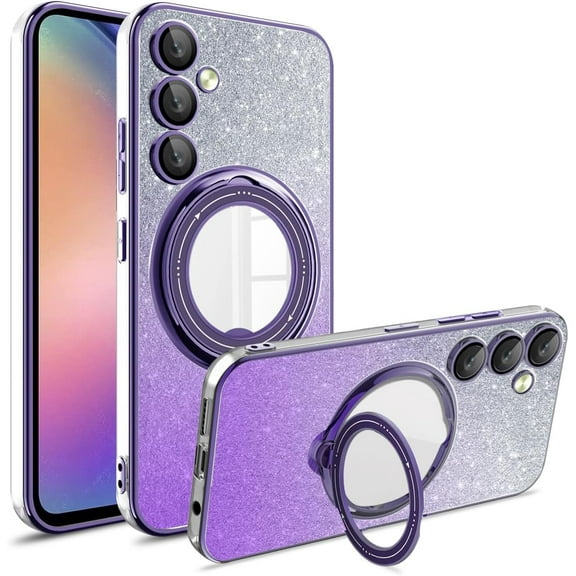 Dteck for Samsung Galaxy A23 Ring Stand Cover, Shockproof Glitter Magnetic Plating Bling Clear Case with Camera Lens Protection Slim Anti-Scratch Sparkle Case for Women Girls, darkpurple