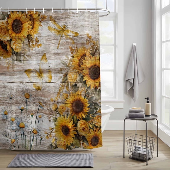 Bathroom Shower Curtain Farm Sunflower Daisy Leaves Waterproof Shower Curtains with Hooks, Butterfly Dragonfly Retro Plank Bath Curtains Bathtub Curtain Home Decor 36x72in