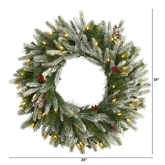 Nearly Natural 24in. Snowed Artificial Christmas Wreath with 50 Warm White LED Lights and Pine Cones
