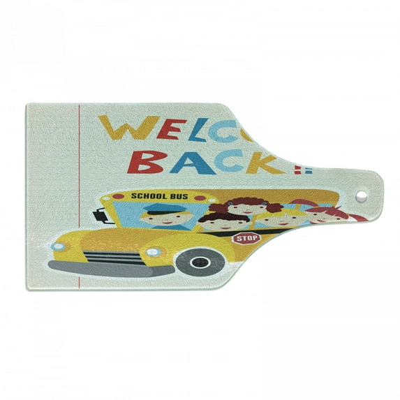 School Bus Cutting Board, Welcome Back Typography Children Looking out on Their Way to Learning Cartoon, Decorative Tempered Glass Cutting and Serving Board, in 3 Sizes, by Ambesonne