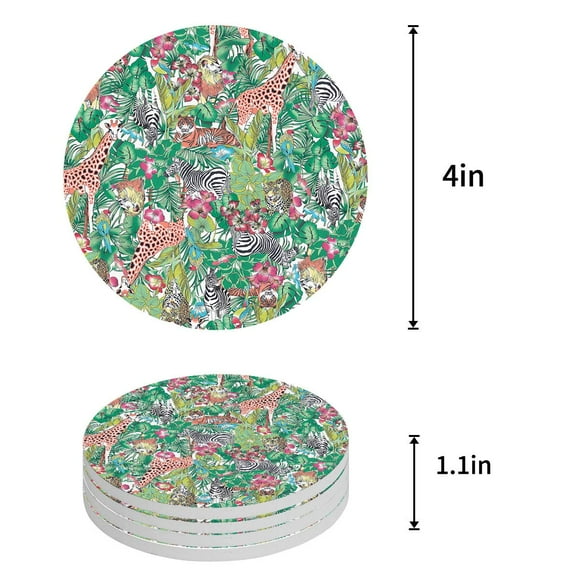 RYLABLUE Lion Tiger and Zebra in Tropical Plants Set of 6 Round Coaster for Drinks, Absorbent Ceramic Stone Coasters Cup Mat with Cork Base for Home Kitchen Room Coffee Table Bar Decor