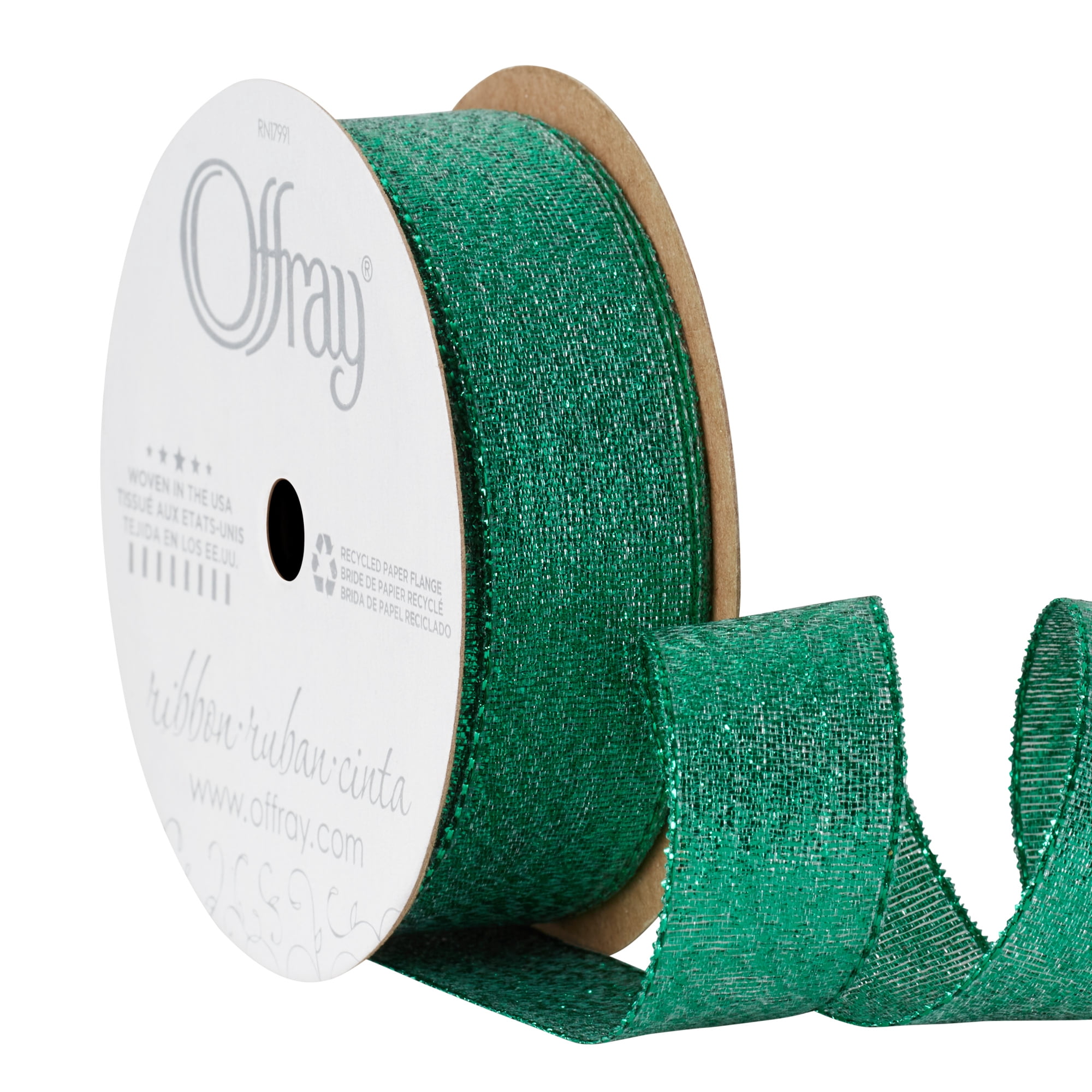 (3 pack) Offray Ribbon, Emerald Green 7/8 inch Galena Metallic Ribbon, 9 feet