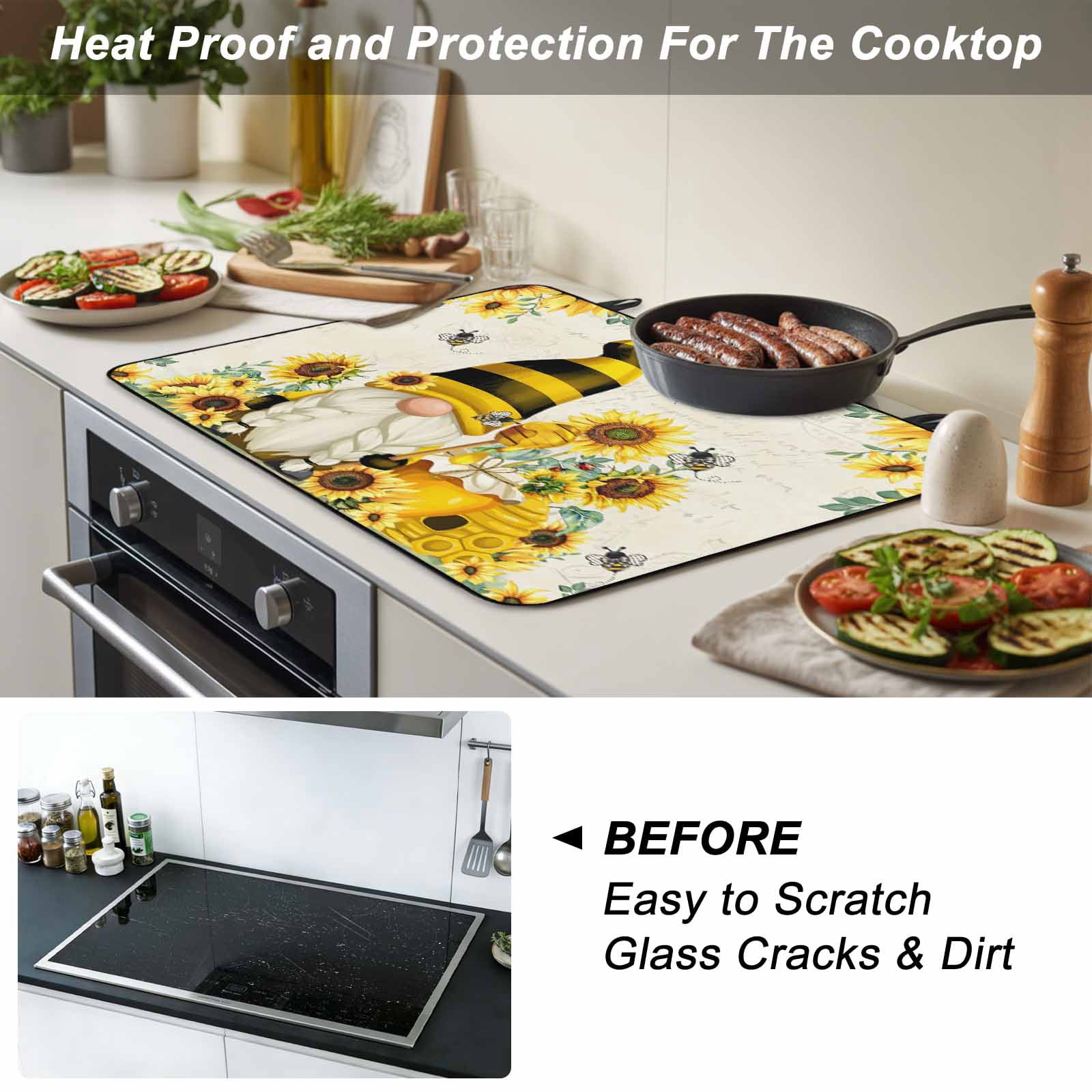 Sunflower Stove Top Cover for Electric Stove, Heat-proof & Non Slip Glass Top Stove Cover Protector, Gnomes Flower Bee Eucalyptus Leaves Farmhouse Kitchen Flat Cooktop Rubber Mat 36x21 Inches
