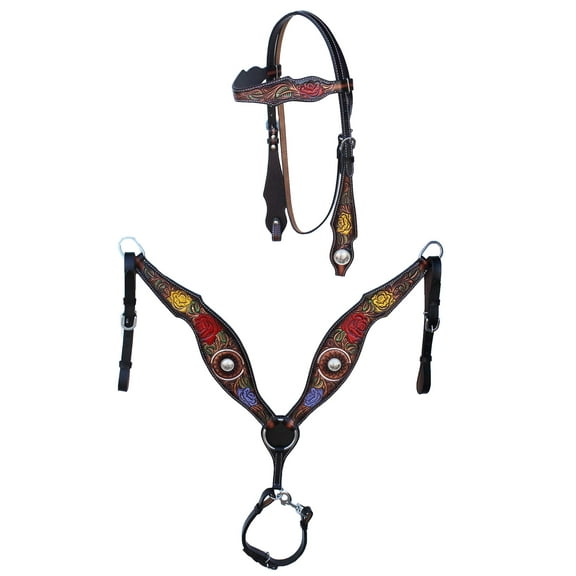 Horse Western Tooled Leather Rose Headstall Bridle Breast Collar Tack 78FK11B