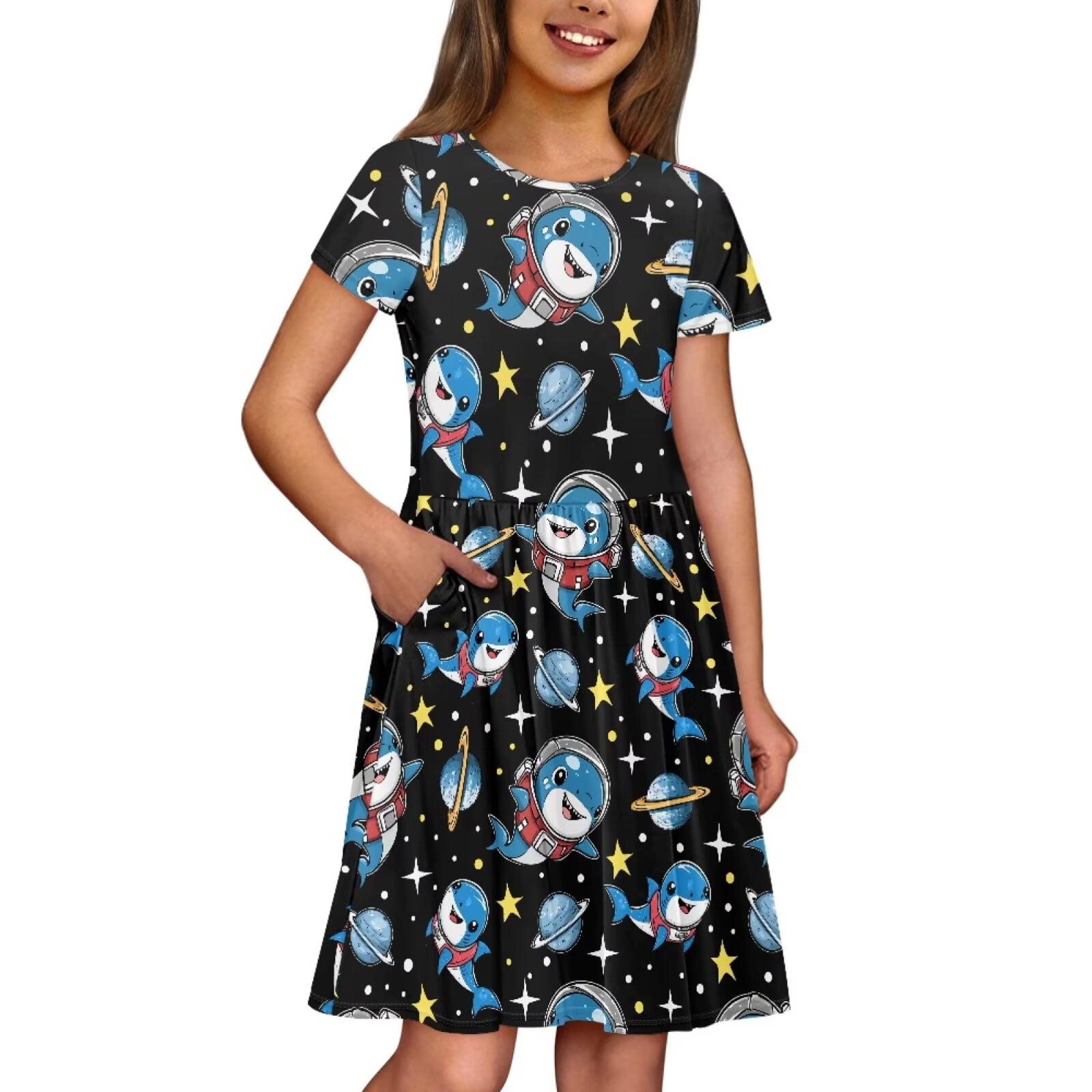 Uourmeti Shark Dresses for Toddler Girls Cute Short Sleeve Swing Dress Summer Soft O Neck Knee Length A-Line Dresses with Pockets