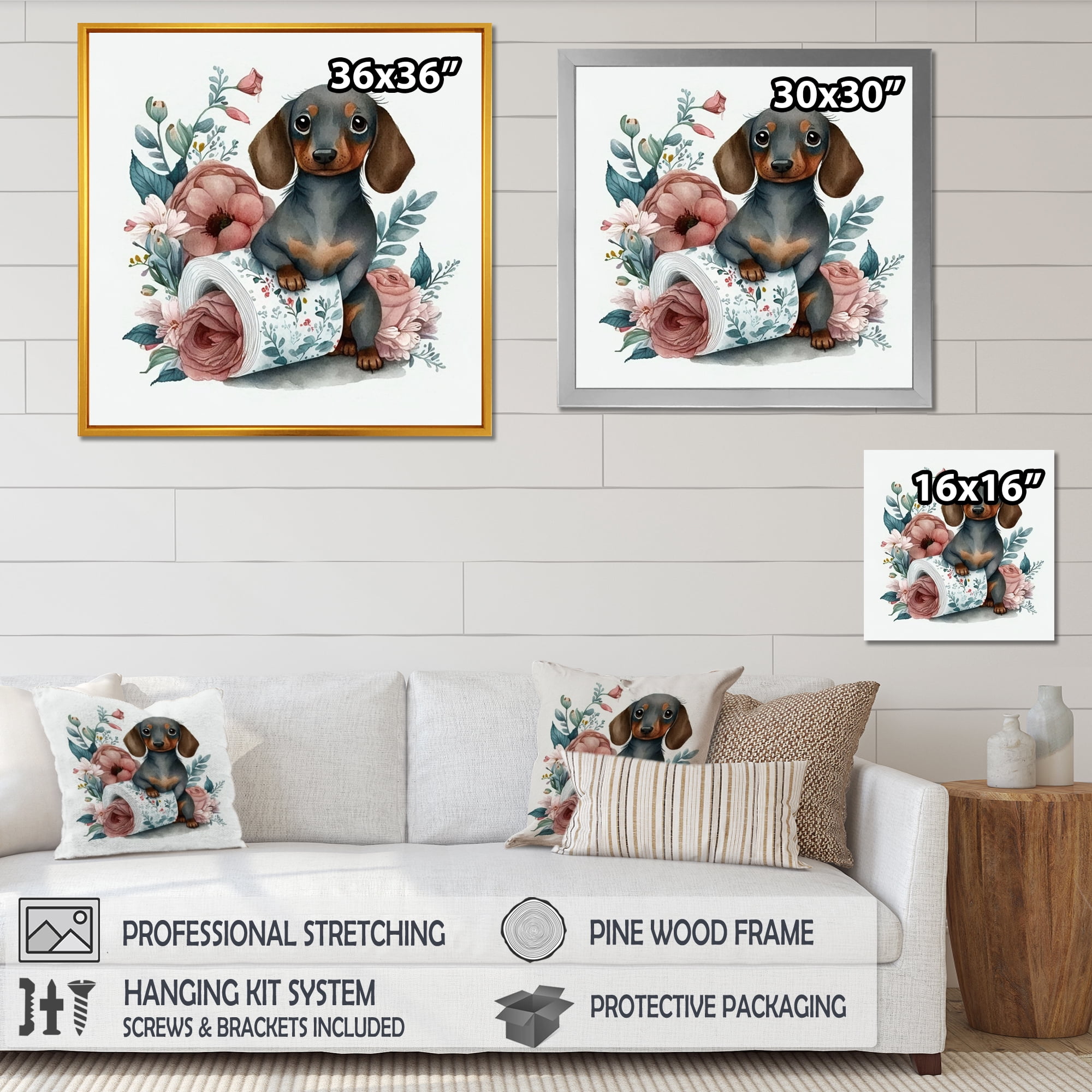 Designart Dog Building A Tower Of Toilet Paper With Flowers Canvas Wall Art