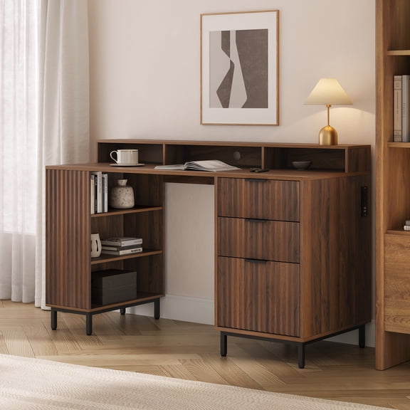 Joyyskill 55'' Fluted Executive Desk with Drawers, Modern Home Office Computer Desk with Charging Station, File Drawer, Monitor Stand, Storage Shelf for Work Writing Study, Brown