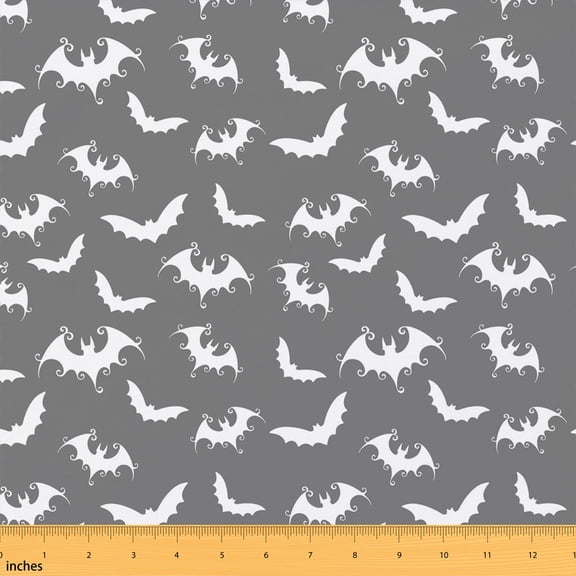 Erosebridal Gray Halloween Bat Fabric by the Yard 1 Yard, White Scroll Swirl Pattern Home Decor Fabric by the Yard