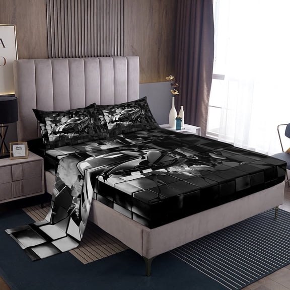 Erosebridal Black Sport Car Sheet Set Twin,Geometric Plaid Bedding Sets Twin Size,Extreme Sports Twin Sheet Sets,Microfiber Buffalo Room Decor,3pcs