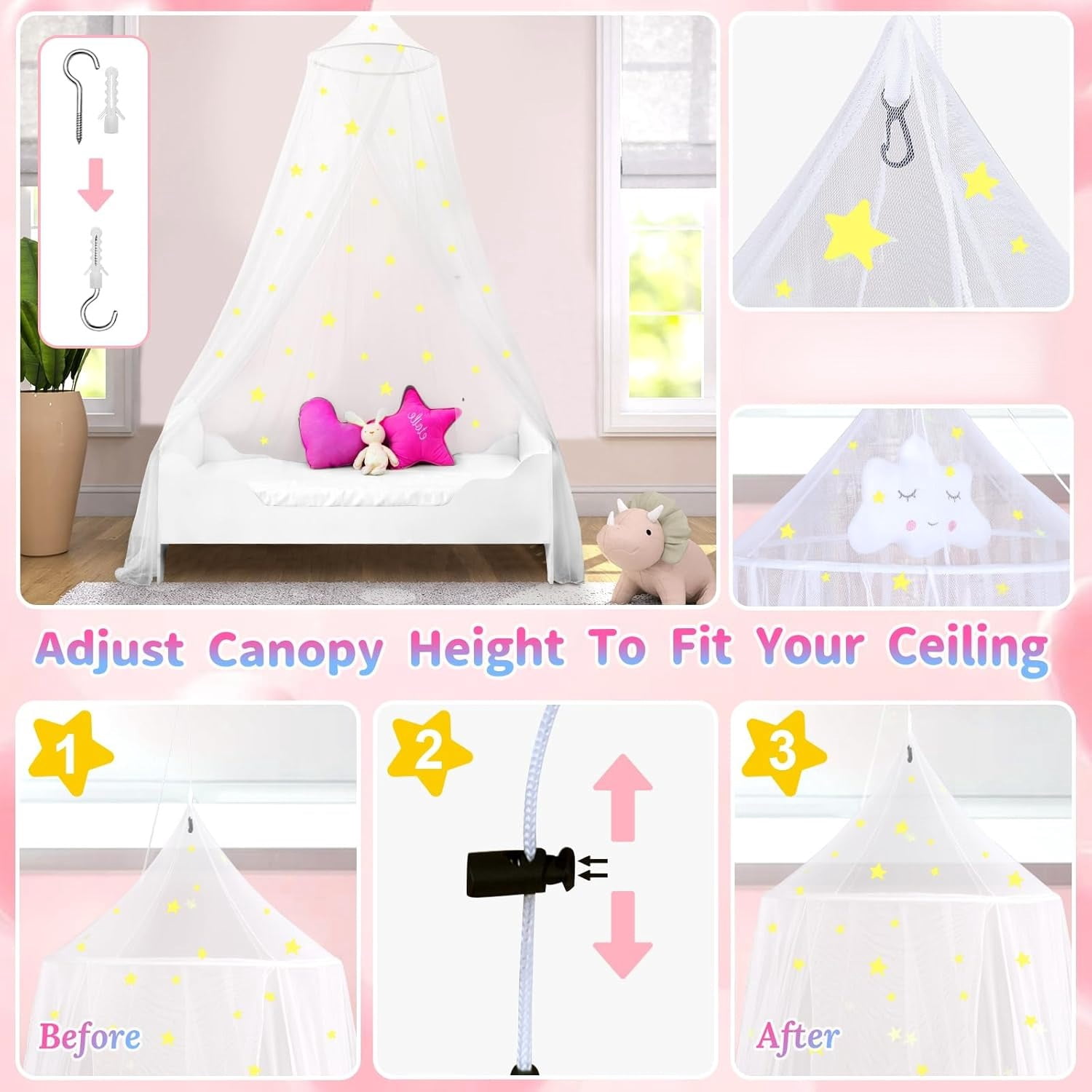 Bed Canopy for Girls with Glowing Stars, Princess Canopy Bed Curtains for Kids, Starry Net Canopy for Girls Room Decor, Kids Bed Canopy for Single, Twin, Full, Queen Size Bed