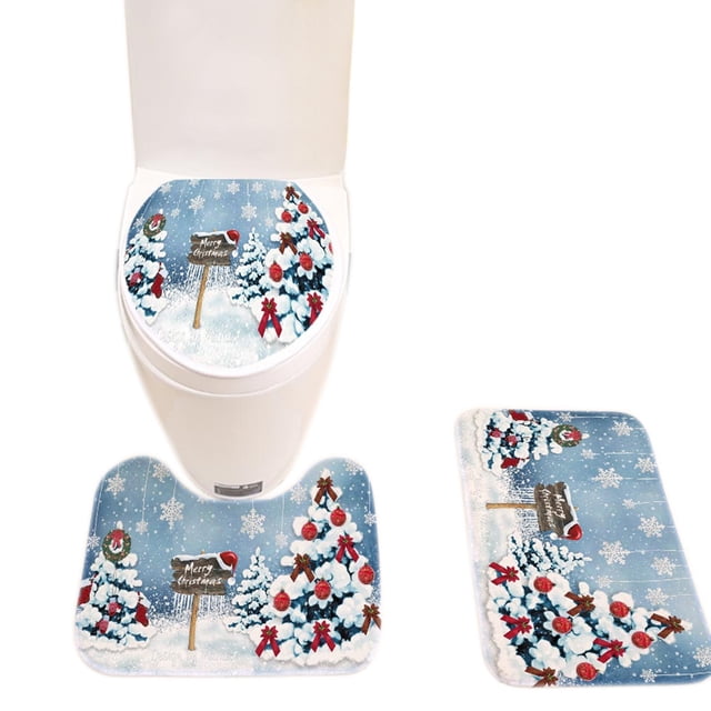 3PCS Bath Rug Set Fashion Xmas Print Decorative Toilet Rug Toilet Lid Cover for Christmas