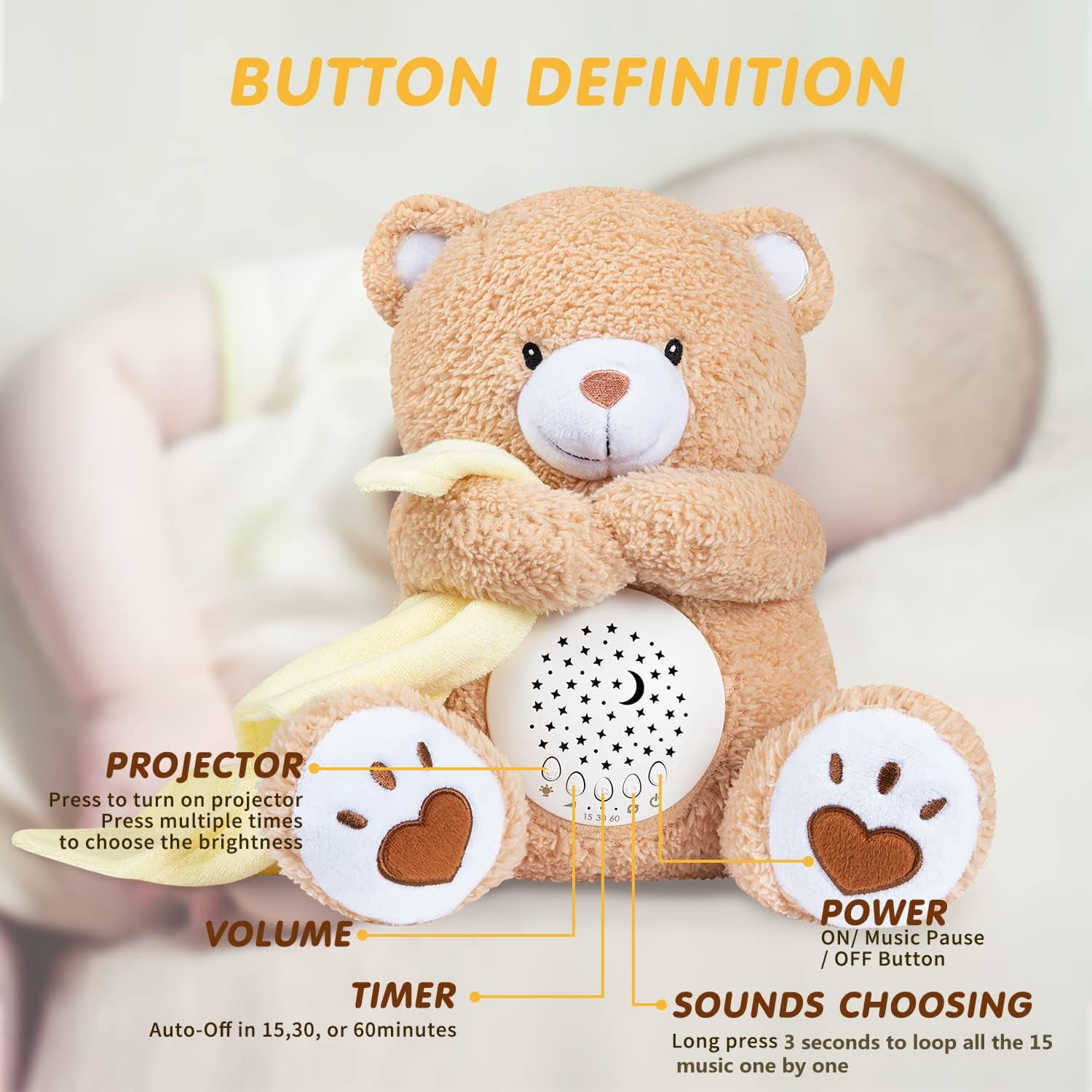 BEREST Baby Sleep Soother Happy Bear, Mom's Heartbeat Bear Lullabies &  Shusher White Noise Machine, Nursery Decor Night Light Projector, Toddler  Crib Sleeping Aid, Baby Shower Gifts Portable Teddy Light Brown 