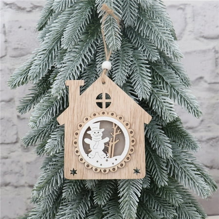 

Christmas Wooden Ornament LED Light Pentagram House Bell Shape Openwork Luminous Lamp Hanging Rope Pendant Decoration New