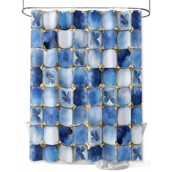 Shower Curtain Retro Blue Leaves Shower Curtains for Bathroom, Waterproof Polyester Shower Curtain Set with Hooks, Extra Long 72" x 78" Blue Ethnic Style Lattice