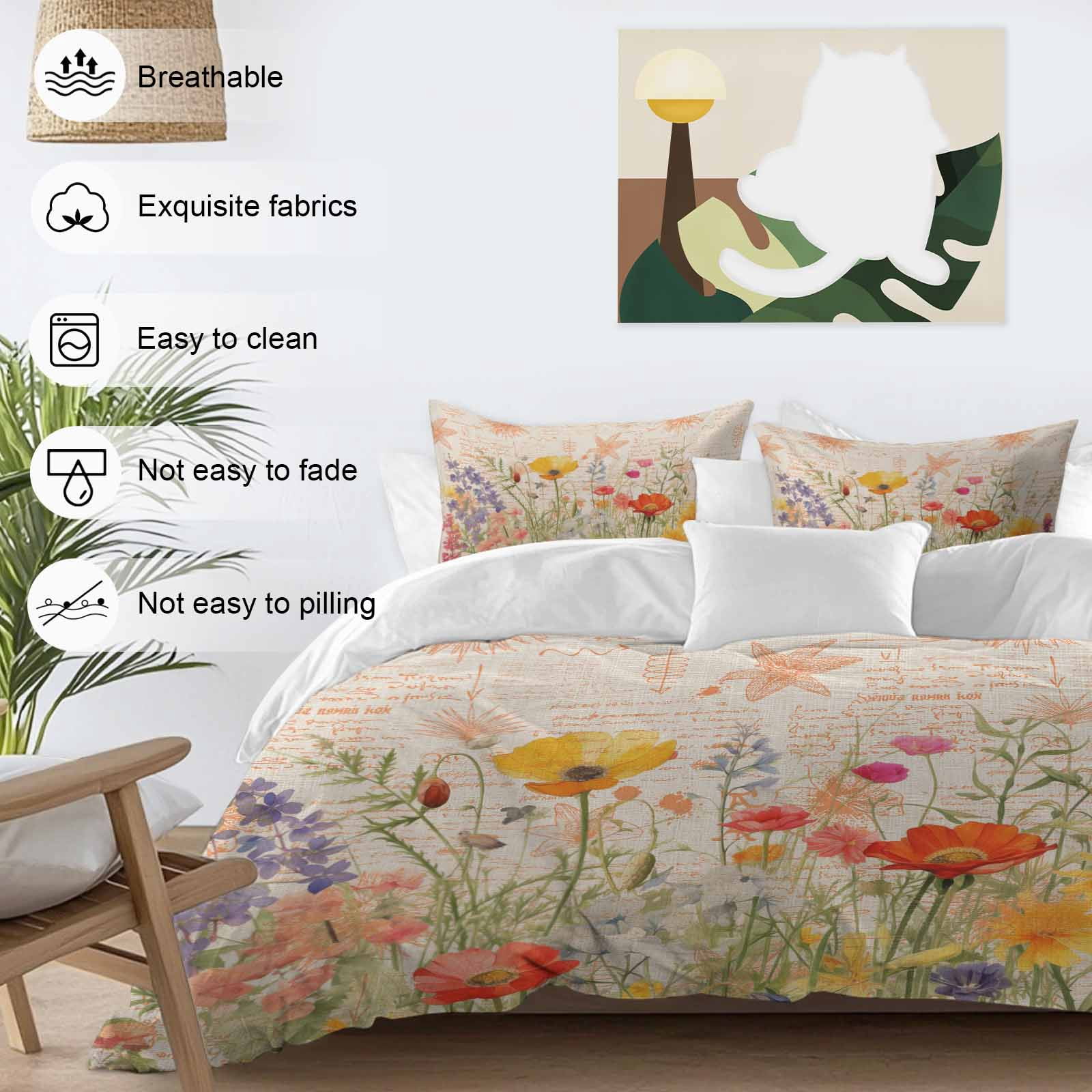 Queen 4 Piece Bedding Set Watercolor Blossom Poppy Flower Soft Breathable Duvet Cover and Pillowcase, Retro Spring Floral Leaves Duvet Cover Set Bed Sheets for Bedroom Dormitory Guest Room