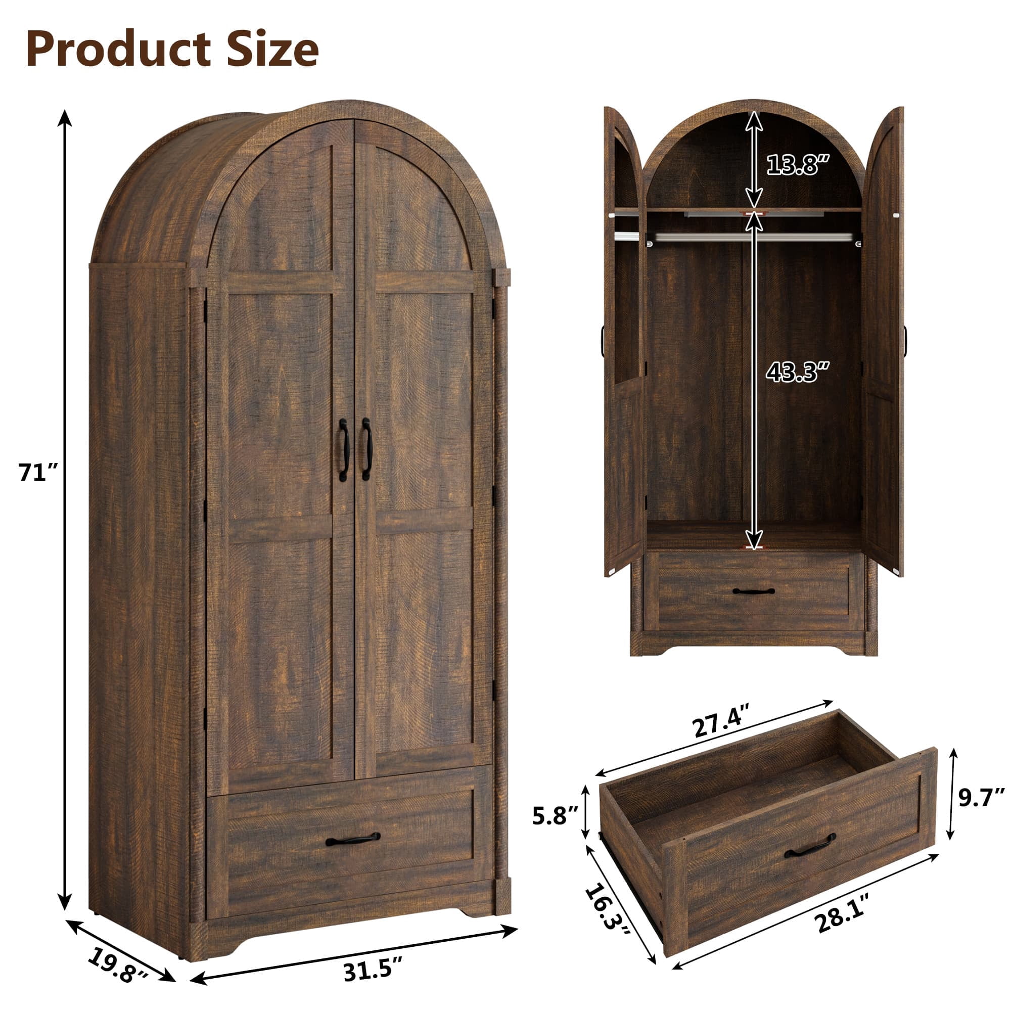 Arched Armoire Wardrobe with LED Sensor Light & Mirror, 2-Door Wardrobe Closet with Drawers, Rustic Farmhouse Bedroom Armoire Clothing Storage Cabinet with Hanging Rod