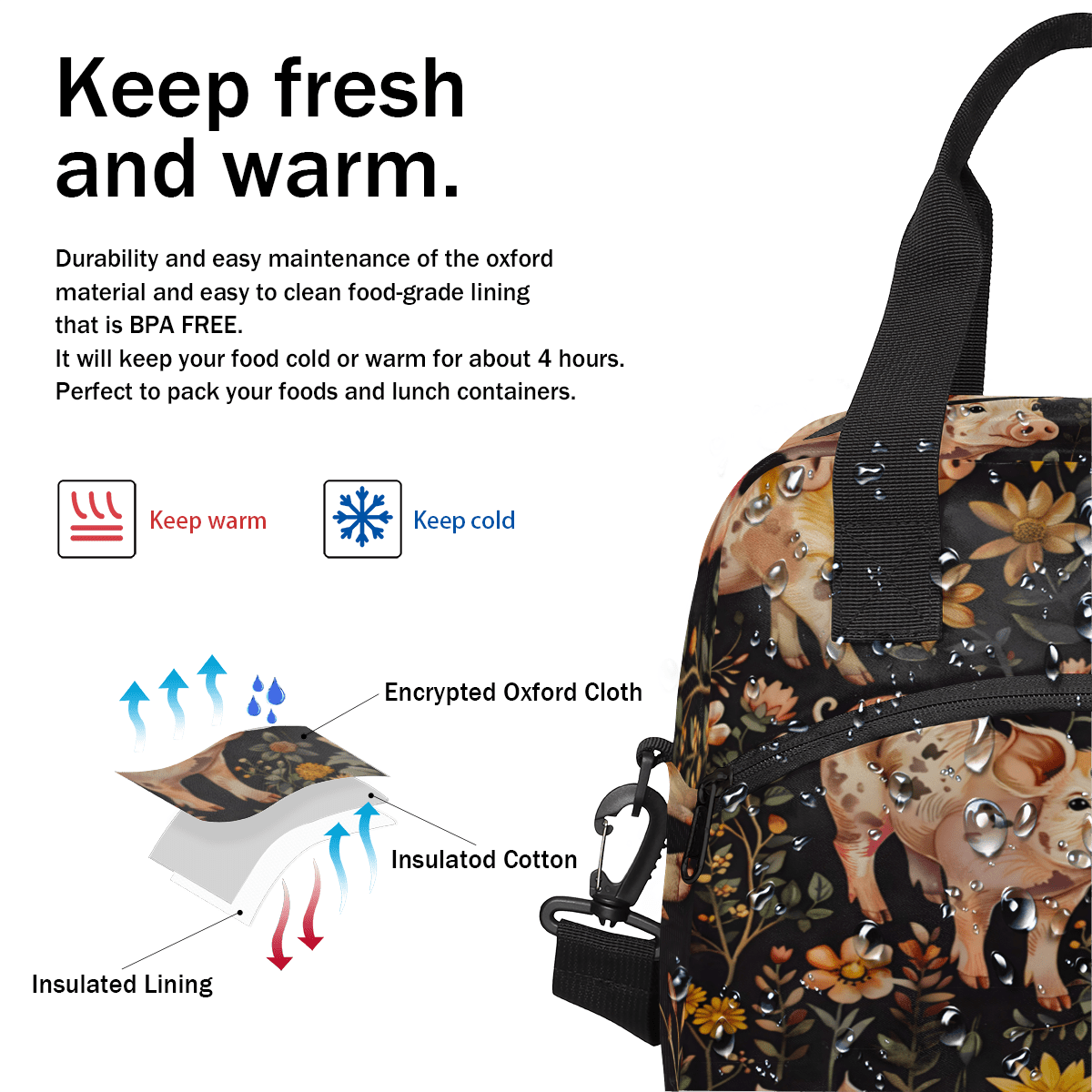 Herdesigns Floral Pig Animal Insulated Lunch Bag for Women Men Adults Large Reusable Lunch Box Leakproof Portable Cooler Tote Bags with Adjustable Shoulder Strap