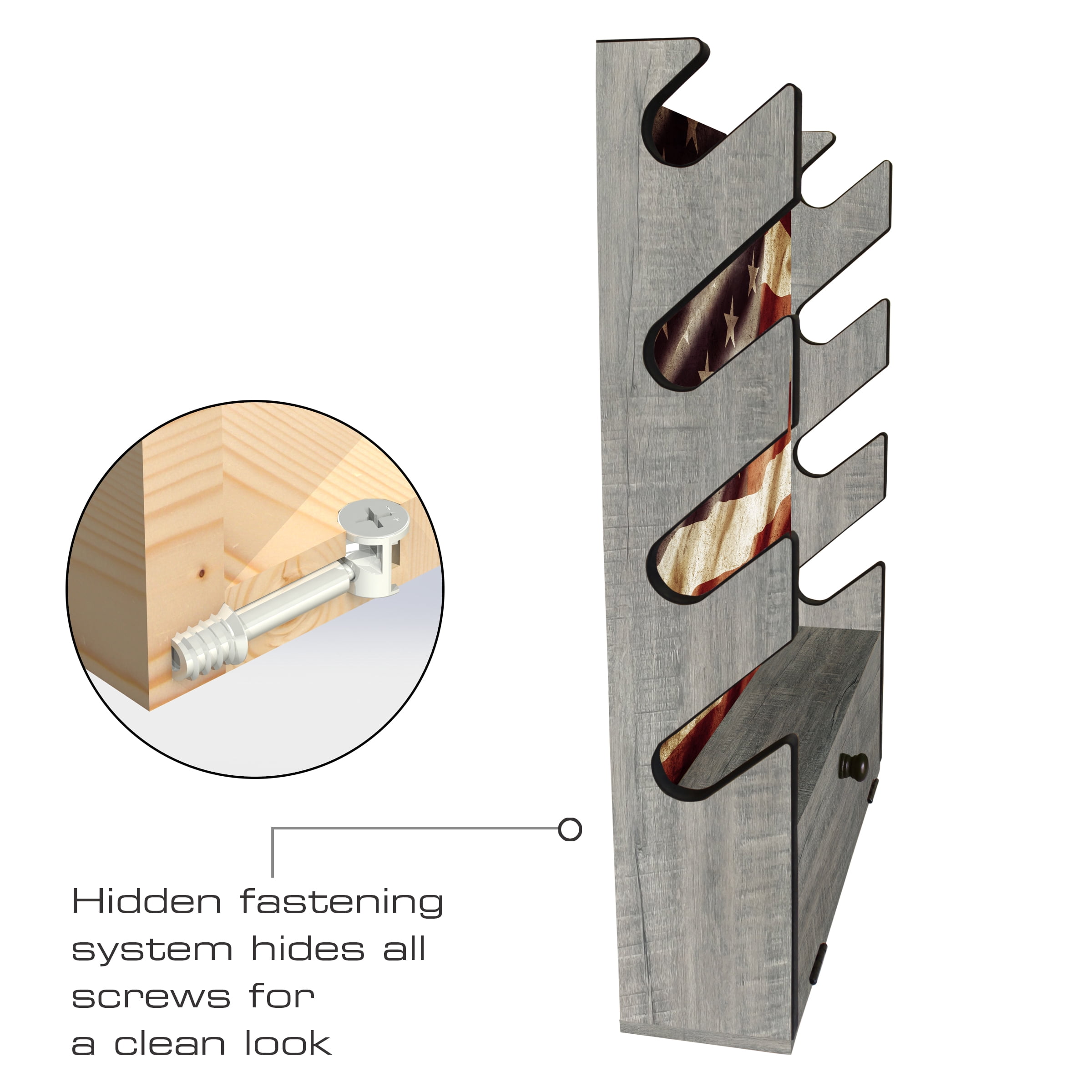 Rush Creek Creations Indoor 4 Rifle/Shotgun Wall Storage Americana Display Rack - Features Storage Compartment For Accessories