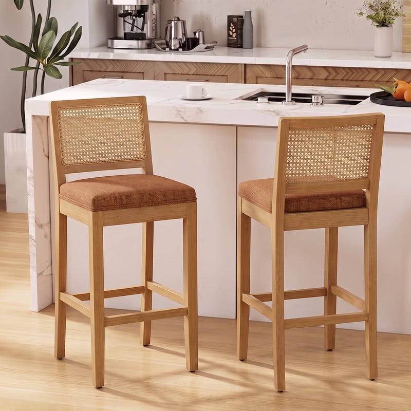 iooHug Solid Wood 28" Bar Stools Set of 2, Rattan-Back High Bar Chairs with Linen Cushion, Rustic Natural Wood Stools for Kitchen Island & Pub,Tan