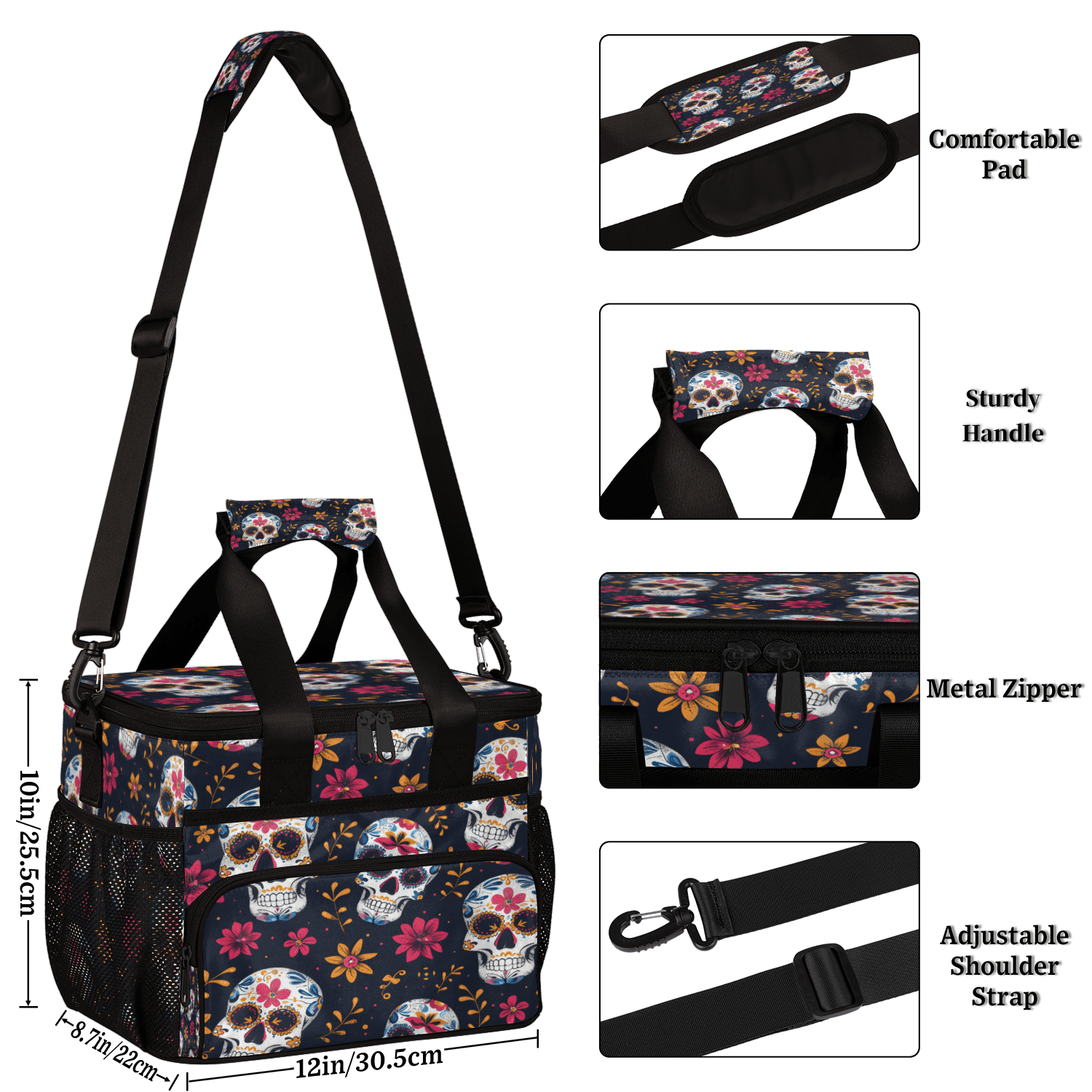 Herdesigns Sugar Skull Flowers Large Lunch Box for Adults Women Men with Adjustable Shoulder Strap, Insulated Reusable Lunch Bag Leakproof Cooler Tote Bag