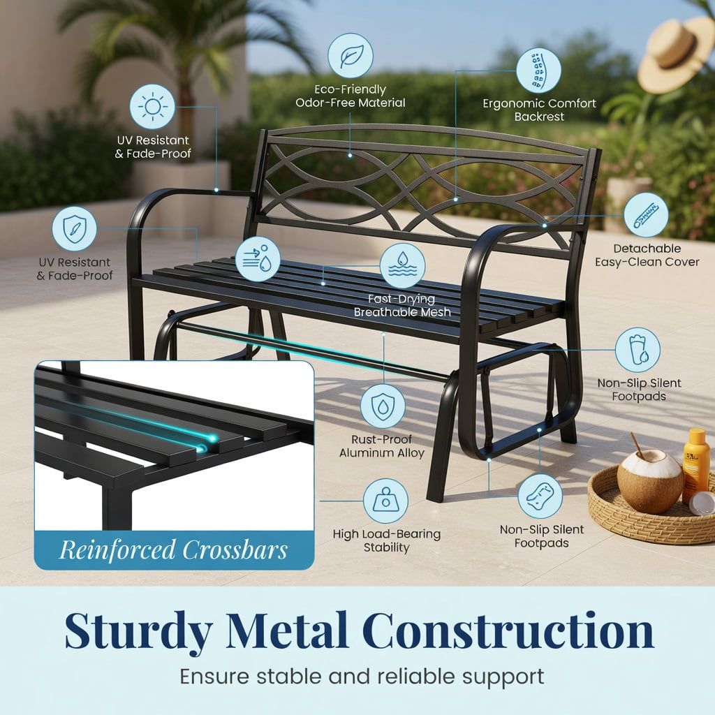Hommoo 2-Person Outdoor Glider Bench, Heavy-Duty Metal Patio Swing Bench with Quiet Glide Mechanism, Ergonomic Backrest & Slatted Seat, Black