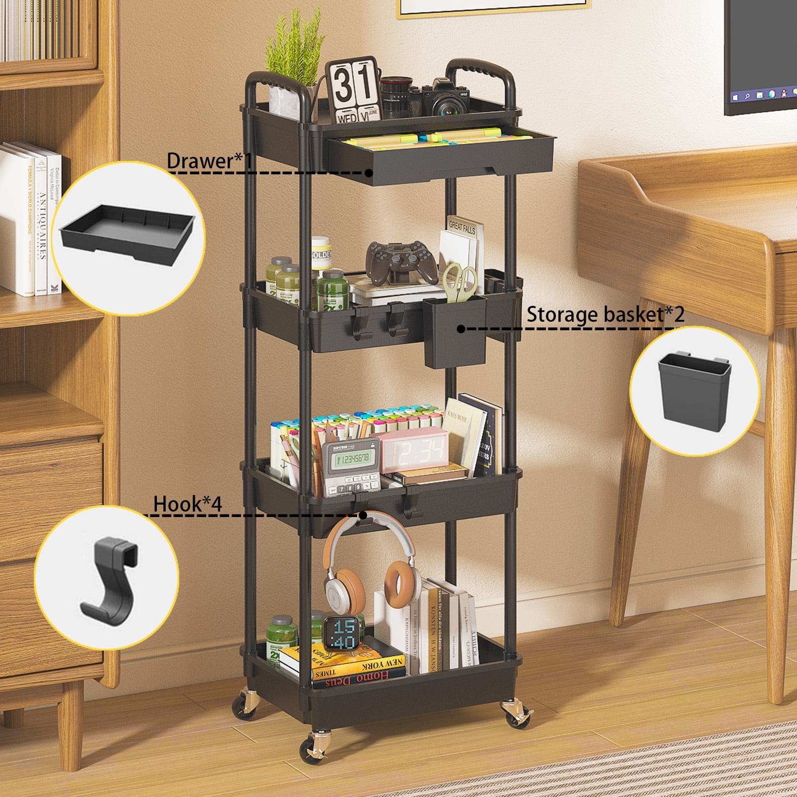 LLMRR 4 Tier Rolling Utility Cart with Drawer, Cart with Drawer & Handle, Bathroom Cart Organizer, Rolling Storage Cart with Drawer, Rolling Cart with Lockable Wheels for Kitchen, Office, Black