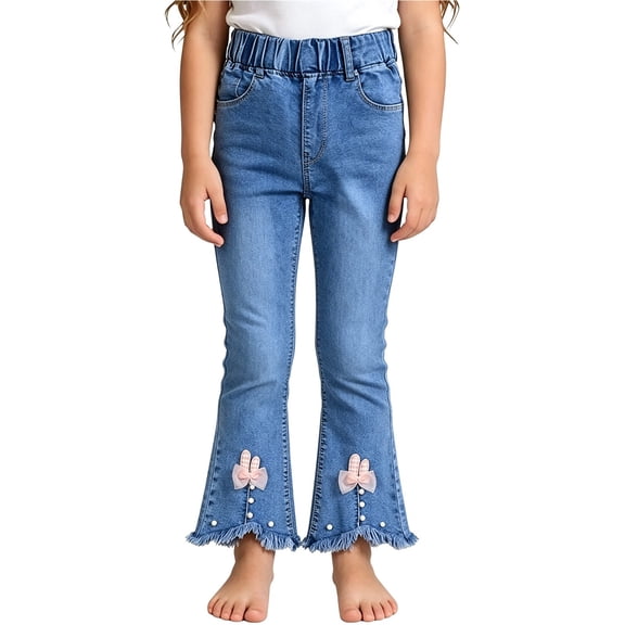 EnJoCho Girls Bootcut Jeans Kids Y2š Vintagš¾ Pull On Denim Pants Polka-Dot Bow Applique Ruffle Raw Hem Elegant Trousers Cute Jeggings Girls Jeans for Back-To-School