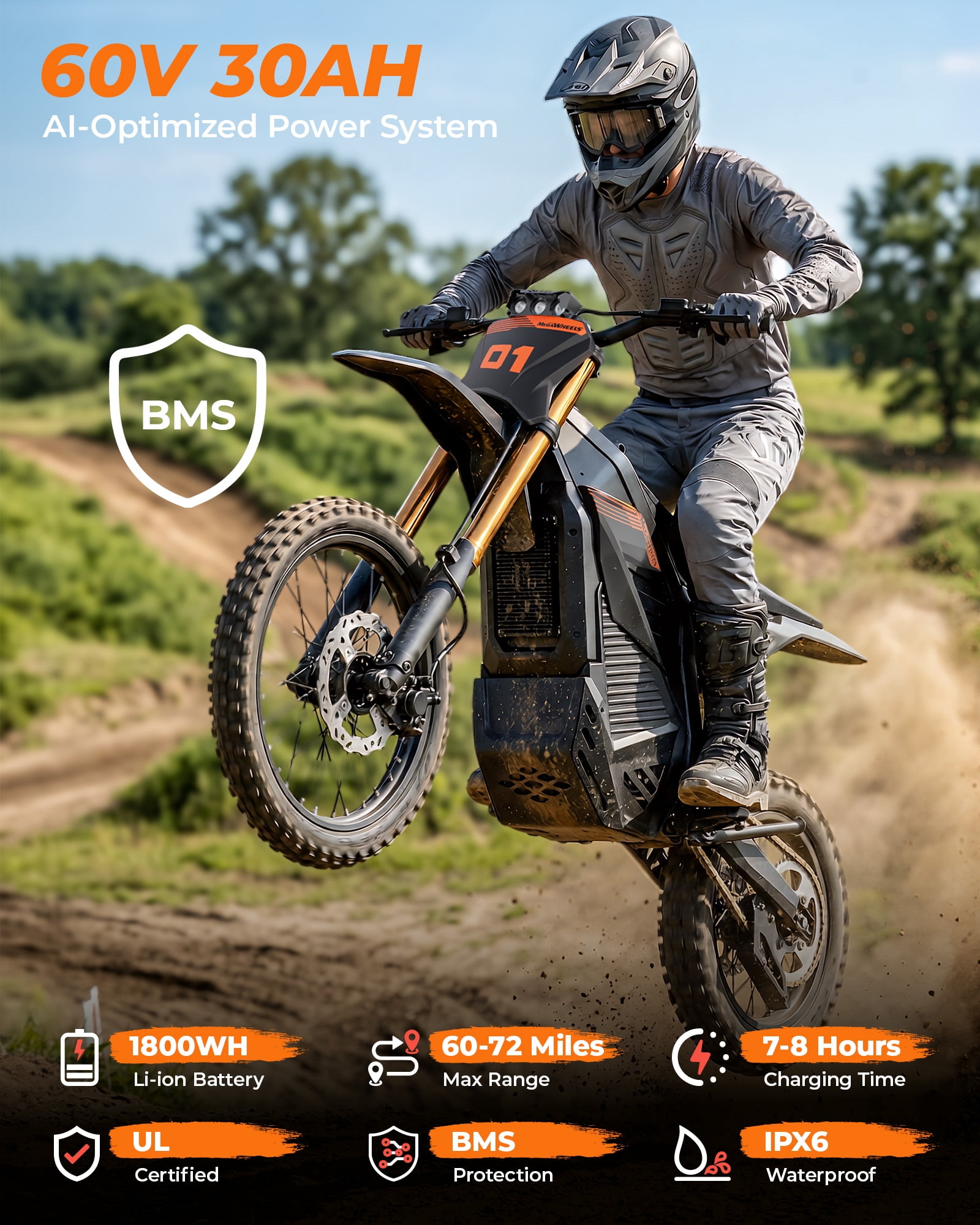 GOLUCKY Electric Dirt Bike for Teens Age 13+, 6000W Peak , 42MPH & 72 Miles Electric Mountain Bikes, 60V/30AH Battery, 14"/17" off-Road Tire, Full Suspension Mountain off-Road E Dirt Bike