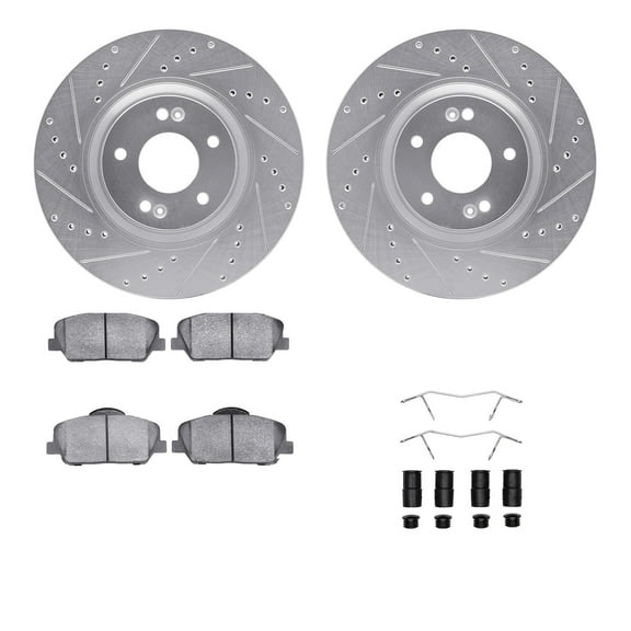Dynamic Friction Company Front Brake Rotors-Drilled and Slotted-Silver with 5000 Advanced Brake Pads includes Hardware 7512-03004