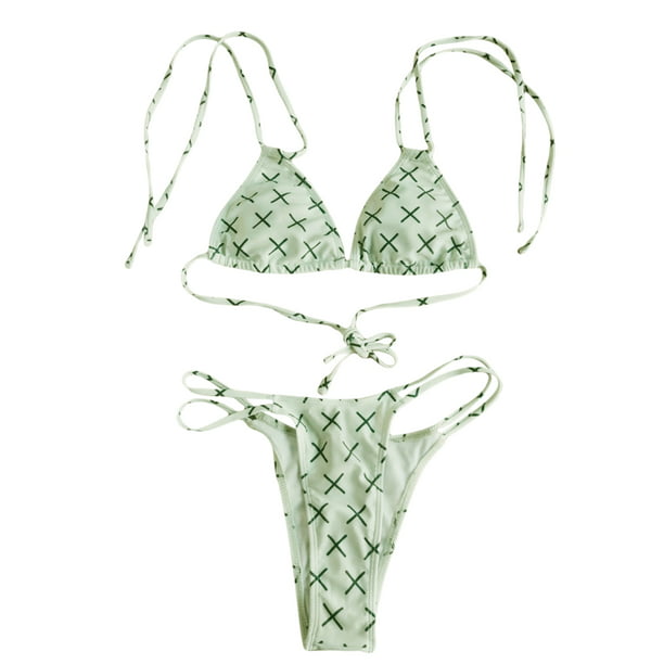 YILEEGOO Women Summer Bikini Set, Cross Print Halter Neck Bra + Low ...