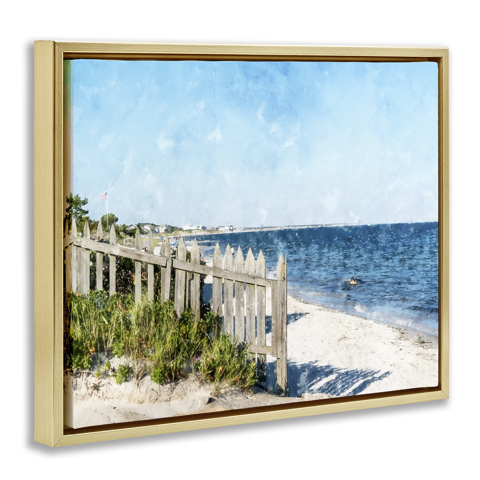 Stupell Industries Beach Pickets View Gold Framed Floater Canvas Wall Art, design by Kim Curinga