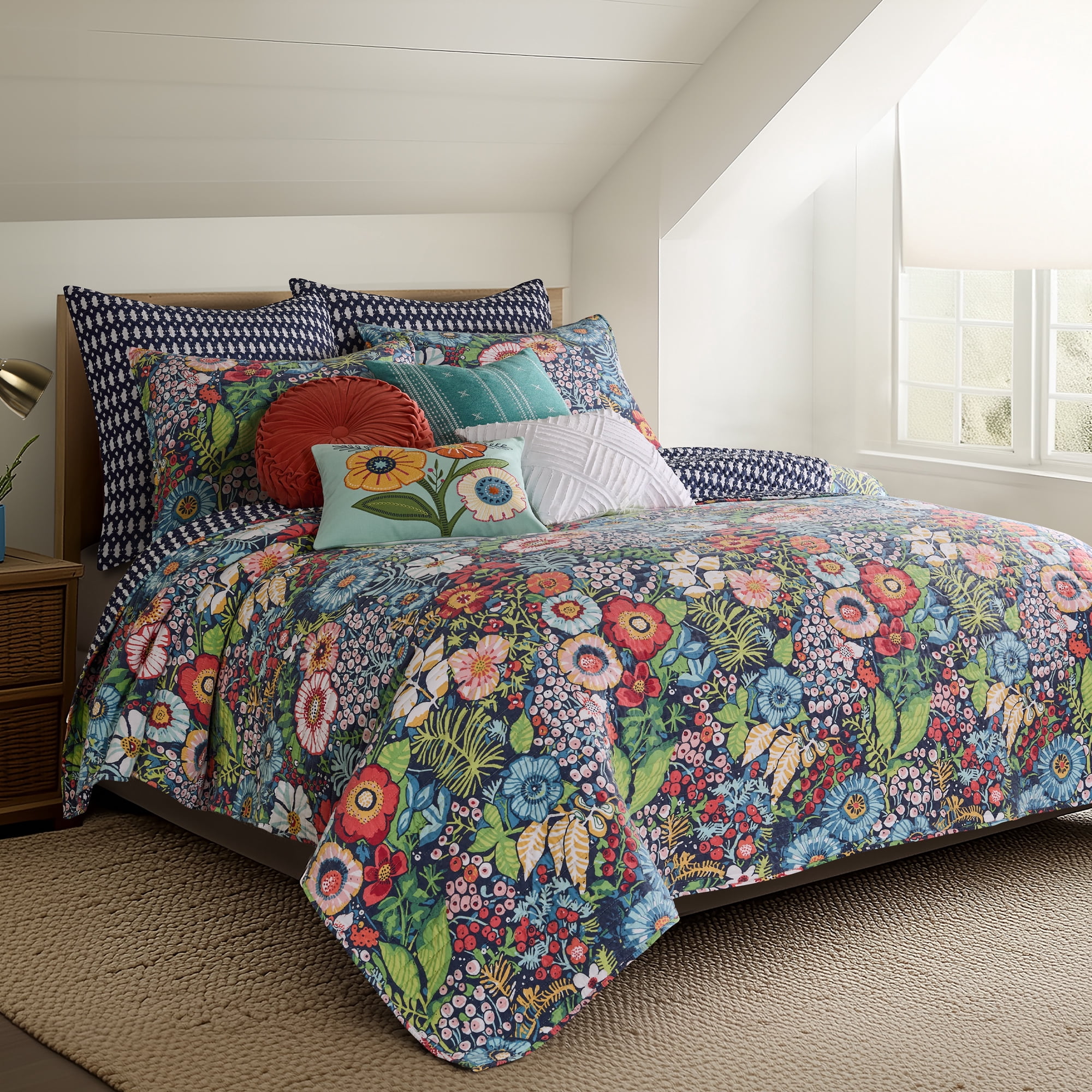 Levtex Home - Night Garden Quilt Set - Full/Queen Quilt and Two Standard Shams - Bold Floral - Navy Red Pink Green Ochre White - Quilt (88x92in.) and Shams (20x26in.) - Reversible - Rayon/Cotton