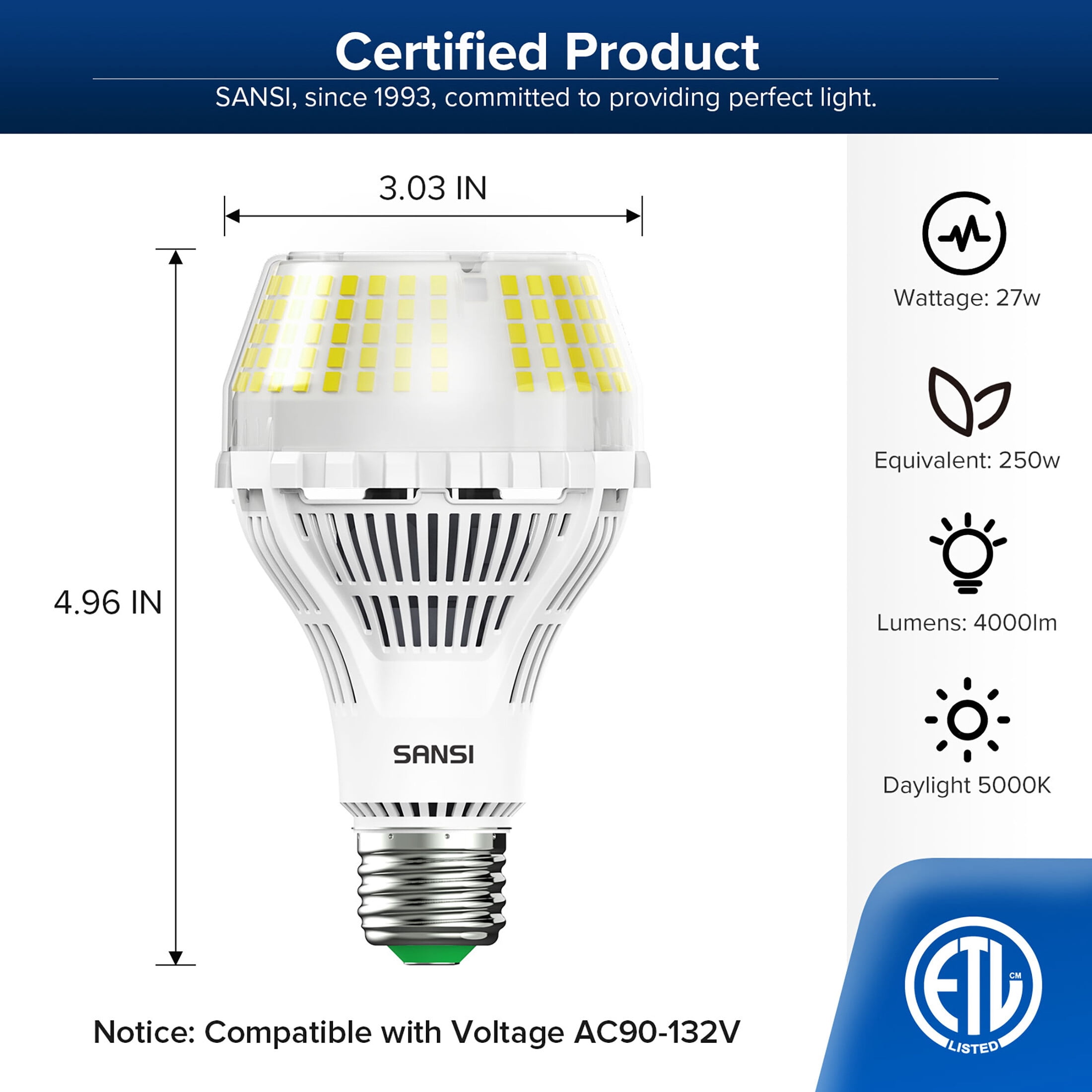 SANSI 27 Watts Dimmable A21 LED Light Bulbs, 4000 Lumens LED Bulb, E26 Base, 5000K Daylight, 2-Pack