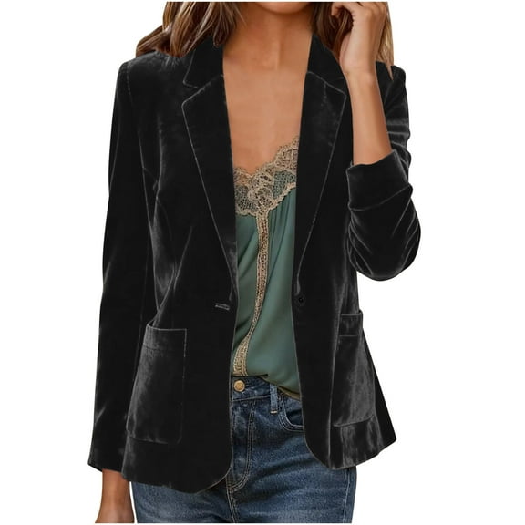 Dasayo Velvet Womens Blazers Dressy Black Suit Fitted Office Blazer Jackets for Women L
