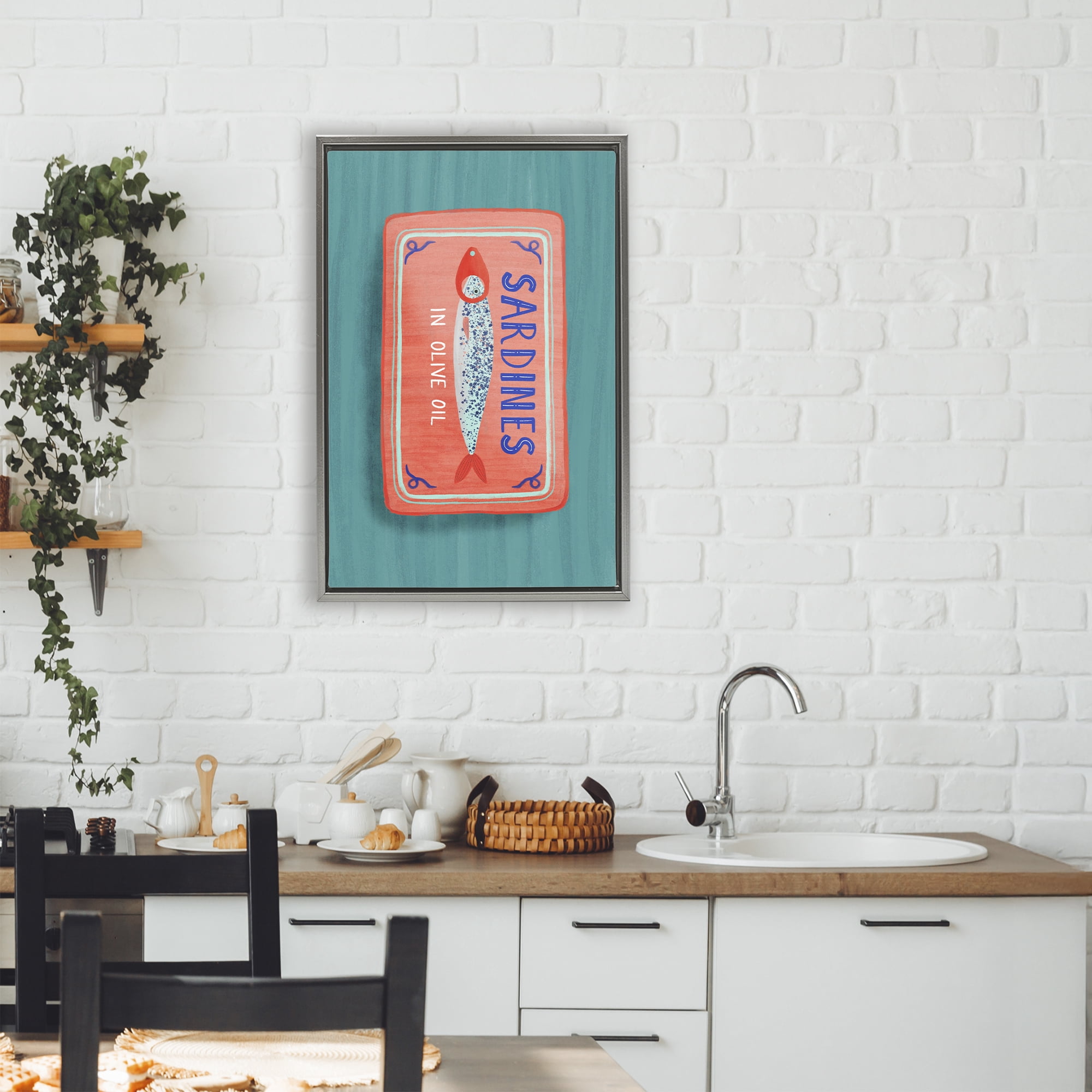 Stupell Industries Sardines Olive Oil Seafood Gray Framed Floater Canvas Wall Art, design by Metka Hiti