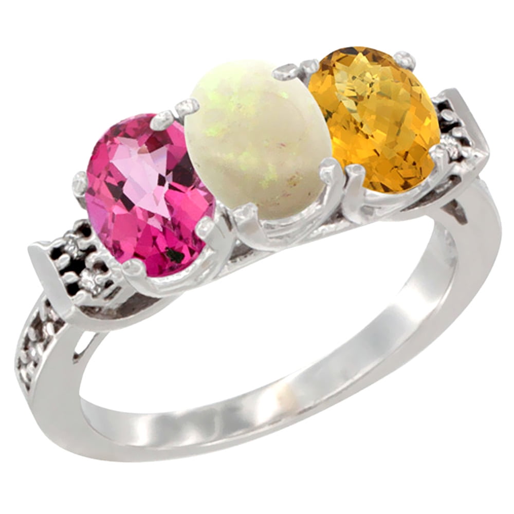 10K White Gold Natural Pink Topaz, Opal & Whisky Quartz Ring 3-Stone Oval 7x5 mm Diamond Accent, sizes 5 10 by WorldJewels