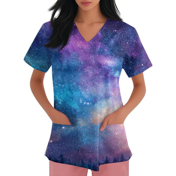 Homozy Printed Scrub Tops Women Animal Print Uniform Nurse Tops with Pockets Plus Size Ladies Uniform Nurse Tops with Pockets Sky Blue 2XL