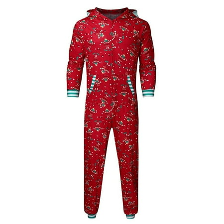 

HTHJSCO Christmas Parent-Child Clothing Men Cartoon Hood Romper Jumpsuit Family Pajamas Sleepwear Christmas Matching Outfit Long Sleeve Warm Soft Suit
