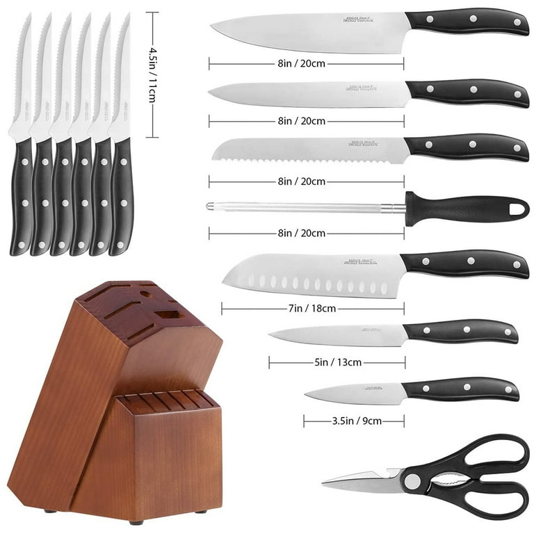 Knife Set with Block, ODERFUN 15 Pcs 50CR15MOV German Steel Kitchen Knife  Set, Ultra Sharp Knives Set for Kitchen with Knife Sharpener, Ergonomic
