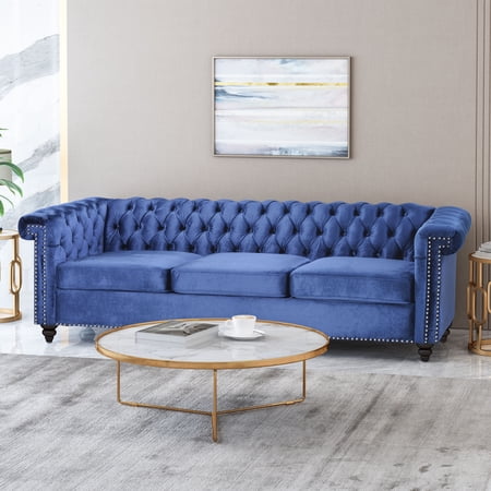 FFZ 3 Seater Sofa with Greek Key Armrests and Chesterfield Style, 83 x 32 x 27.75 inch, Blue