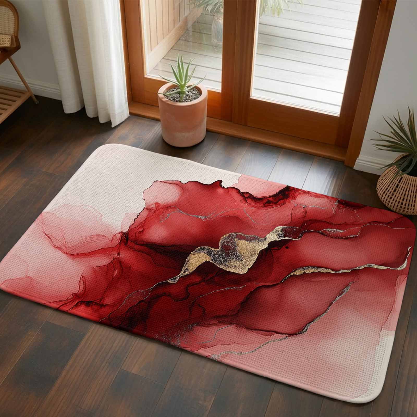 Front Door Mat Indoor Outdoor 19.7 x31.5 Red Marble Absorbent Non Slip Welcome Mat Modern Ombre Abstract Ink Painting Art Low Profile Entryway Rug for Front Entrance Porch Back Door Patio